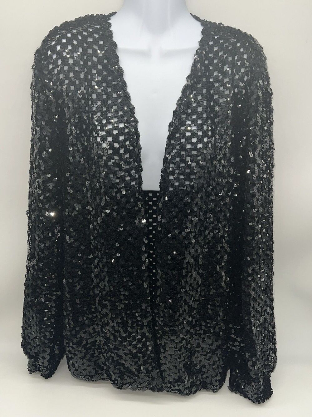 VTG 80s Open Cardigan Black Sequin Edith Flagg ETC Open Knit/Crochet Knit